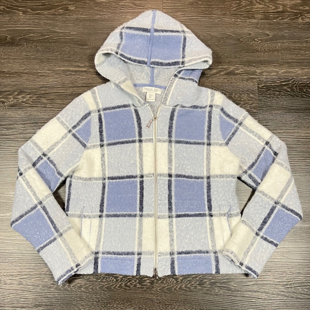 Rachel Zoe Blue Plaid Eyelash Knit Full Zip Hoodie Sweater Women Large New